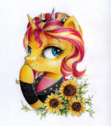 Size: 1024x1152 | Tagged: safe, artist:lailyren, artist:moonlight-ki, imported from derpibooru, sunset shimmer, pony, unicorn, alternate hairstyle, bust, clothes, equestria girls outfit, female, flower, headband, horn, mare, portrait, simple background, solo, sunflower, traditional art