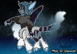 Size: 2232x1584 | Tagged: safe, artist:thebigearredbat, imported from derpibooru, oc, oc only, ambiguous species, centaur, hybrid, my little pony: the movie, agender, ethereal mane, horn, interspecies offspring, offspring, parent:queen parabola, parent:storm king, parent:tantabus, solo, starry mane, stars, wings