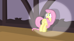 Size: 1280x720 | Tagged: safe, imported from derpibooru, screencap, fluttershy, pegasus, pony, filli vanilli, female, mare, open mouth, solo, spotlight, surprised