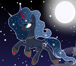 Size: 3625x3181 | Tagged: safe, artist:mlpscartyal, imported from derpibooru, oc, oc only, pony, unicorn, base used, clothes, colored horn, crying, ethereal mane, floating, jewelry, moon, necklace, night, offspring, parent:king sombra, parent:princess luna, parents:lumbra, red horn, shoes, sky, solo, starry mane, stars