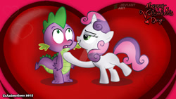 Size: 1600x900 | Tagged: safe, artist:csanimations, imported from derpibooru, spike, sweetie belle, blushing, cute, female, heart, holiday, love, male, seductive, shipping, simple background, spikebelle, straight, valentine's day, watermark