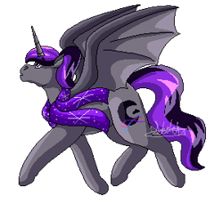Size: 300x275 | Tagged: safe, artist:sketchthebluepegasus, imported from derpibooru, oc, oc only, oc:midnight, alicorn, bat pony, bat pony alicorn, pony, alicorn oc, bat pony oc, clothes, pixel art, scarf, simple background, solo, transparent background