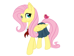 Size: 1600x1200 | Tagged: safe, artist:janecarol, imported from derpibooru, fluttershy, bird, clothes, cute, female, school uniform, shyabetes, simple background, smiling, solo, white background