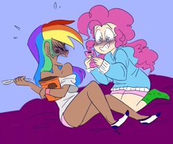 Size: 902x748 | Tagged: safe, artist:drawbauchery, artist:lordsauronthegreat, color edit, edit, imported from derpibooru, pinkie pie, rainbow dash, human, blushing, cellphone, clothes, colored, dark skin, embarrassed, eyes closed, female, food, humanized, ice cream, lesbian, open mouth, phone, pinkiedash, shipping, smartphone, socks, starry eyes, wingding eyes