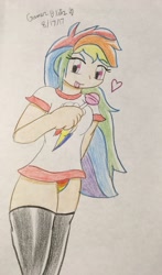 Size: 1535x2612 | Tagged: safe, artist:gmangamer25, imported from derpibooru, rainbow dash, human, candy, clothes, female, food, heart, humanized, lollipop, panties, rainbow underwear, solo, stockings, thigh highs, traditional art, underwear