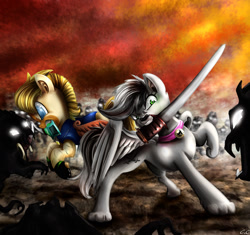 Size: 1700x1600 | Tagged: dead source, safe, artist:candyclumsy, imported from derpibooru, oc, oc only, dog pony, back to back, badass, collar, duo, fight, sword, weapon