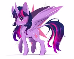 Size: 2500x2000 | Tagged: safe, artist:silbersternenlicht, imported from derpibooru, twilight sparkle, alicorn, pony, blushing, curved horn, female, leonine tail, looking at you, mare, simple background, solo, spread wings, twilight sparkle (alicorn), white background, wings