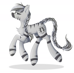 Size: 1600x1580 | Tagged: safe, artist:twotiedbows, imported from derpibooru, oc, oc only, pony, zebra, braid, braided tail, chest fluff, looking at you, simple background, smiling, solo, trotting, white background, zebra oc