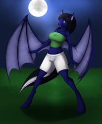 Size: 1400x1700 | Tagged: safe, artist:tomek1000, imported from derpibooru, oc, oc only, oc:luna song, anthro, bat pony, unguligrade anthro, bat wings, clothes, fangs, female, midriff, moon, shorts, solo, tube top, wings