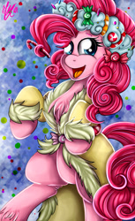 Size: 1024x1676 | Tagged: safe, artist:ebonyinkstone, imported from derpibooru, pinkie pie, spirit of hearth's warming presents, earth pony, pony, a hearth's warming tail, abstract background, chest fluff, clothes, female, mare, open mouth, ponk, prehensile mane, rearing, robe, solo, unshorn fetlocks