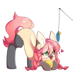 Size: 2500x2500 | Tagged: safe, artist:mimisaurusrex, imported from derpibooru, oc, oc only, oc:koneko, cat pony, original species, :p, behaving like a cat, bell, braid, cat socks, cat toy, clothes, collar, cute, ear fluff, eyes on the prize, face down ass up, feather, female, glasses, heart, heart eyes, mare, pigtails, silly, simple background, socks, solo, thigh highs, tongue out, transparent background, wingding eyes