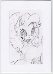 Size: 1292x1809 | Tagged: safe, artist:dilarus, deleted from derpibooru, imported from derpibooru, pinkie pie, earth pony, pony, card, female, gift card, grayscale, mare, monochrome, open mouth, signature, simple background, solo, traditional art, white background