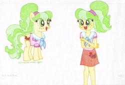 Size: 1600x1087 | Tagged: safe, artist:momo-malt-gern, imported from derpibooru, chickadee, ms. peachbottom, pony, equestria girls, equestria girls-ified, human ponidox, self ponidox, traditional art