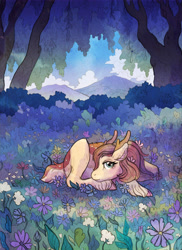 Size: 5104x7008 | Tagged: safe, artist:nettlebeast, imported from derpibooru, oc, oc only, deer pony, original species, absurd resolution, flower, flower in hair, forest, solo, unshorn fetlocks