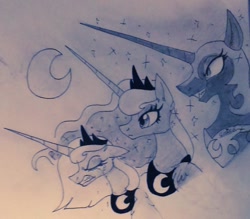 Size: 1024x895 | Tagged: safe, artist:jinxedwolfxd, imported from derpibooru, nightmare moon, princess luna, lunar trinity, monochrome, multeity, s1 luna, self ponidox