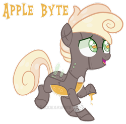 Size: 1024x1006 | Tagged: safe, artist:squeakshimi, imported from derpibooru, oc, oc only, oc:apple byte, pony, robot, robot pony, apple eyes, base used, offspring, parent:apple bloom, parent:sweetie belle, parents:sweetiebloom, simple background, solo, story included, transparent background, wingding eyes