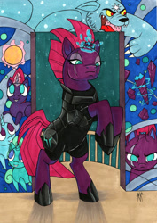 Size: 1024x1448 | Tagged: safe, artist:raxamermaid, imported from derpibooru, fizzlepop berrytwist, glitter drops, spring rain, tempest shadow, bear, pony, unicorn, ursa, ursa minor, my little pony: the movie, broken horn, eye scar, female, mare, open up your eyes, rearing, scar, sparking horn