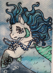 Size: 2552x3544 | Tagged: safe, artist:aleirina, imported from derpibooru, oc, oc only, merpony, sea pony, bubble, flowing mane, jewelry, necklace, ocean, pearl necklace, solo, underwater, water