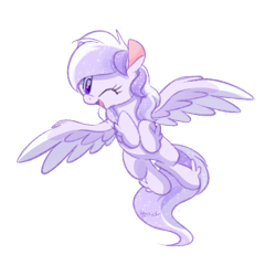 Size: 500x500 | Tagged: safe, artist:kaleidoskopic, imported from derpibooru, oc, oc only, oc:starstorm slumber, pegasus, pony, female, flying, leg fluff, looking at you, mare, one eye closed, open mouth, simple background, solo, transparent background