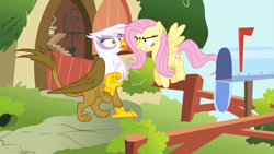 Size: 1191x671 | Tagged: safe, artist:elsie1234, imported from derpibooru, fluttershy, gilda, griffon, pegasus, pony, angry, apology, apology rejected, assertive, assertive fluttershy, duo, female, fluttershy's cottage, flying, gritted teeth, mare