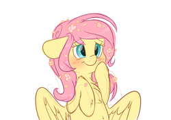 Size: 5000x3500 | Tagged: safe, artist:fluffyxai, imported from derpibooru, fluttershy, pegasus, pony, absurd resolution, alternate hairstyle, bashful, belly button, blushing, bust, chest fluff, cute, daaaaaaaaaaaw, female, floppy ears, flower, flower in hair, fluffy, shyabetes, simple background, smiling, solo, weapons-grade cute, white background, wings