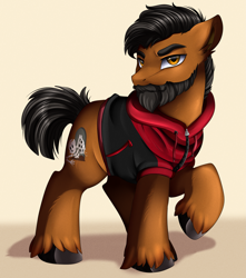 Size: 3405x3856 | Tagged: safe, artist:pridark, imported from derpibooru, oc, oc only, pony, beard, black mane, brown coat, clothes, cloths, commission, facial hair, looking at you, male, solo, stallion, unshorn fetlocks, yellow eyes