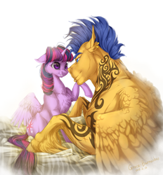 Size: 1300x1400 | Tagged: safe, artist:makkah, artist:rossignolet, imported from derpibooru, flash sentry, twilight sparkle, alicorn, pegasus, pony, eye contact, female, flash hunktry, flashlight, looking at each other, male, mare, shipping, size difference, stallion, straight, tattoo, twilight sparkle (alicorn)