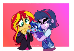 Size: 682x472 | Tagged: safe, alternate version, artist:bubaiuv, imported from derpibooru, sci-twi, sunset shimmer, twilight sparkle, oc, oc:sparkling sapphire, series:sciset diary, equestria girls, commission, cute, eyes closed, family, female, happy, laughing, lesbian, magical lesbian spawn, ocbetes, offspring, parent:sci-twi, parent:sunset shimmer, parents:scitwishimmer, ponied up, scitwishimmer, shimmerbetes, shipping, silly, silly face, sunsetsparkle, twiabetes