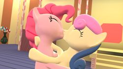 Size: 1920x1080 | Tagged: safe, artist:viranimation, imported from derpibooru, bon bon, pinkie pie, sweetie drops, earth pony, pony, 3d, bonpie, duo, female, kiss on the lips, kissing, lesbian, mare, shipping