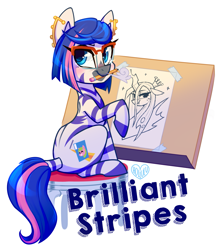 Size: 1615x1816 | Tagged: safe, artist:meekcheep, imported from derpibooru, queen chrysalis, oc, oc:brilliant stripes, changeling, zebra, canvas, female, glasses, looking at you, pencil, simple background, stool, text, white background, zebra oc