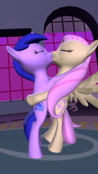 Size: 1080x1920 | Tagged: safe, artist:viranimation, imported from derpibooru, fluttershy, sea swirl, seafoam, earth pony, pegasus, pony, unicorn, 3d, bipedal, duo, female, flutterswirl, hug, kiss on the lips, kissing, lesbian, mare, request, requested art, shipping, source filmmaker