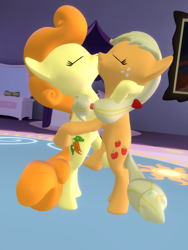 Size: 1080x1440 | Tagged: safe, artist:viranimation, imported from derpibooru, applejack, carrot top, golden harvest, earth pony, pony, 3d, bipedal, carrotjack, duo, eyes closed, female, kiss on the lips, kissing, lesbian, mare, missing accessory, shipping