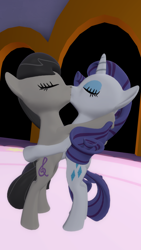 Size: 1080x1920 | Tagged: safe, artist:viranimation, imported from derpibooru, octavia melody, rarity, earth pony, pony, unicorn, 3d, bipedal, duo, duo female, eyes closed, female, kiss on the lips, kissing, lesbian, mare, missing accessory, raritavia, shipping