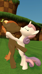 Size: 1080x1920 | Tagged: safe, artist:viranimation, imported from derpibooru, button mash, sweetie belle, earth pony, pony, unicorn, 3d, bipedal, colt, crossover, duo, eyes closed, female, filly, foal, green hill zone, kiss on the lips, kissing, male, shipping, sonic the hedgehog (series), straight, sweetiemash