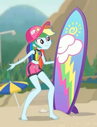 Size: 1783x2337 | Tagged: safe, imported from derpibooru, screencap, rainbow dash, blue crushed, equestria girls, equestria girls series, barefoot, beach, cap, cropped, feet, female, geode of super speed, hat, legs, magical geodes, midriff, rainbow dash's beach shorts swimsuit, surfboard, swimming trunks