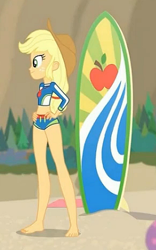 Size: 1446x2317 | Tagged: safe, imported from derpibooru, screencap, applejack, blue crushed, equestria girls, equestria girls series, applejack's beach shorts swimsuit, barefoot, beach, clothes, cropped, feet, female, geode of super strength, legs, midriff, solo, surfboard, swimsuit