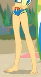 Size: 1179x2190 | Tagged: safe, imported from derpibooru, screencap, applejack, blue crushed, equestria girls, equestria girls series, barefoot, beach, clothes, cropped, feet, female, hand on hip, legs, midriff, pictures of legs, solo, swimsuit