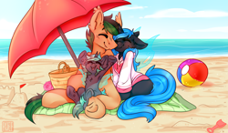 Size: 4855x2842 | Tagged: safe, artist:ruef, imported from derpibooru, oc, oc:iridescent, oc:mellatune, oc:melting, bat pony, changeling, changeling queen, pony, armpits, bat pony oc, beach, beach ball, beach towel, blue changeling, changeling oc, changeling queen oc, clothes, cute, family, family photo, female, hoodie, interspecies offspring, male, oc x oc, offspring, parent:oc:melting, parent:oc:rescue pony, parents:oc x oc, shipping, straight, umbrella