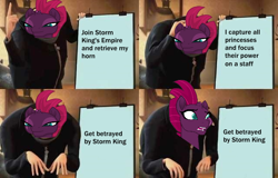 Size: 640x410 | Tagged: safe, imported from derpibooru, tempest shadow, my little pony: the movie, broken horn, despicable me, exploitable meme, eye scar, gru's plan, meme, scar, truth