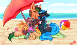 Size: 4855x2842 | Tagged: safe, artist:ruef, imported from derpibooru, oc, oc:iridescent, oc:mellatune, oc:melting, bat pony, changeling, changeling queen, armpits, beach, beach ball, beach towel, blue changeling, changeling oc, changeling queen oc, clothes, cute, family, family photo, female, interspecies offspring, male, oc x oc, offspring, parent:oc:melting, parent:oc:rescue pony, parents:melcue, parents:oc x oc, shipping, straight, swimsuit, umbrella