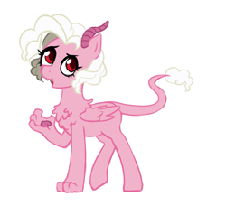 Size: 857x783 | Tagged: safe, artist:pikokko, imported from derpibooru, oc, oc only, draconequus, chest fluff, draconequus oc, fangs, female, interspecies offspring, offspring, parent:discord, parent:pinkie pie, parents:discopie, paws, simple background, solo, underpaw, white background