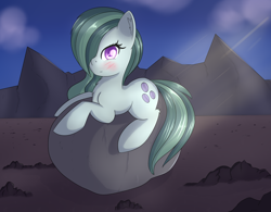 Size: 2046x1596 | Tagged: safe, imported from derpibooru, marble pie, pony, blushing, female, mountain, rock, rock farm, solo