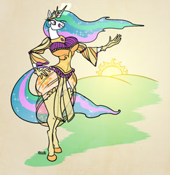 Size: 1200x1236 | Tagged: safe, artist:ursa, imported from derpibooru, princess celestia, alicorn, anthro, pony, unguligrade anthro, big breasts, breasts, busty princess celestia, clothes, crown, cutie mark, day, disproportional anatomy, ethereal mane, ethereal tail, eyelashes, female, flowing mane, flowing tail, huge breasts, jewelry, mare, morning, multicolored mane, multicolored tail, praise the sun, purple eyes, regalia, royalty, sexy, sparkles, stupid sexy celestia, sun, sunbutt, sunrise, tiara, wide hips, wingless, wingless anthro