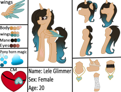 Size: 994x760 | Tagged: safe, artist:cindydreamlight, artist:cindystarlight, imported from derpibooru, oc, oc only, oc:lele glimmer, alicorn, pony, alicorn oc, colored wings, female, mare, multicolored wings, reference sheet, simple background, solo, transparent background, two toned wings