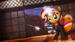 Size: 1920x1080 | Tagged: safe, artist:star-lightstarbright, imported from derpibooru, sunset shimmer, pony, 3d, clothes, equestria girls outfit, female, katana, magic, solo, sword, weapon