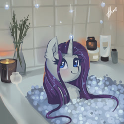 Size: 1700x1700 | Tagged: safe, artist:xjenn9, imported from derpibooru, rarity, pony, unicorn, bath, bathing, bathtub, bubble, bubble bath, female, mare, solo, wet mane