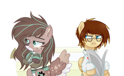 Size: 1024x630 | Tagged: safe, artist:mintoria, imported from derpibooru, oc, oc only, oc:bri, oc:mint, pegasus, pony, base used, clothes, female, glasses, mare, newspaper, simple background, sweater, transparent background