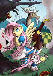 Size: 3307x4677 | Tagged: safe, artist:richard-skip, imported from derpibooru, angel bunny, discord, fluttershy, draconequus, pegasus, pony, alice in wonderland, clock, clothes, crossover, dress, female, mare, open mouth, playing card, socks, spread wings, story included, striped socks, suit, tree, trio, wings