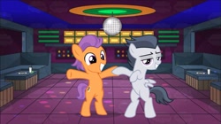 Size: 1451x815 | Tagged: safe, artist:frownfactory, artist:jawsandgumballfan24, artist:sollace, edit, imported from derpibooru, rumble, tender taps, earth pony, pegasus, pony, bipedal, colt, dancing, disco ball, gay, male, rumbletaps, shipping, show accurate, smiling