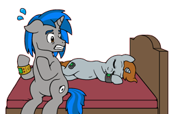 Size: 1200x800 | Tagged: safe, artist:king-koder, imported from derpibooru, oc, oc only, oc:homage, oc:littlepip, pony, unicorn, fallout equestria, bed, clopfic in the comments, female, floppy ears, gritted teeth, male, mare, pipbuck, rule 63, simple background, sleeping, stallion, transparent background